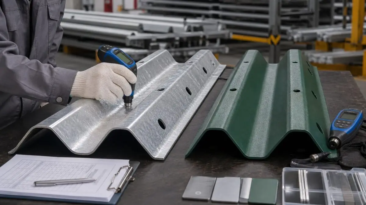Guardrail coating thickness inspection in a highway guardrail factory