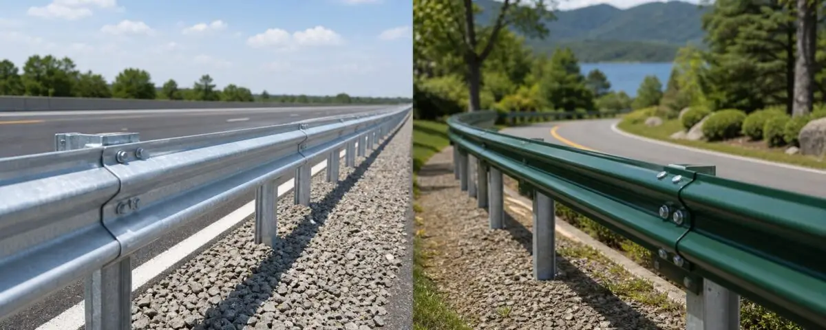 Hot-dip galvanized guardrail vs green powder-coated guardrail