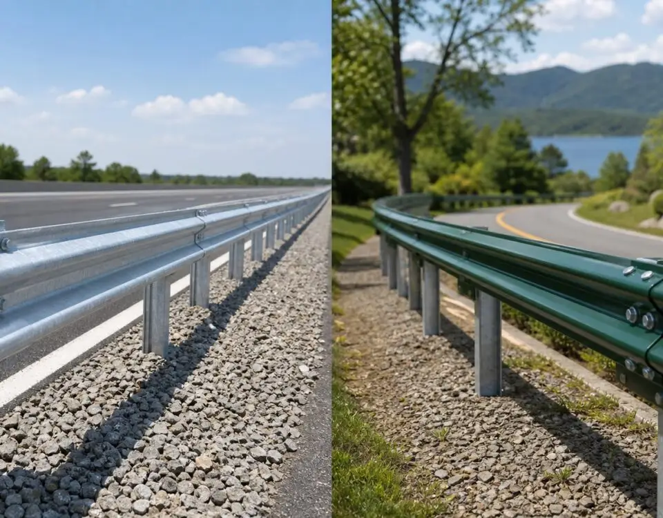 Hot-dip galvanized guardrail vs green powder-coated guardrail