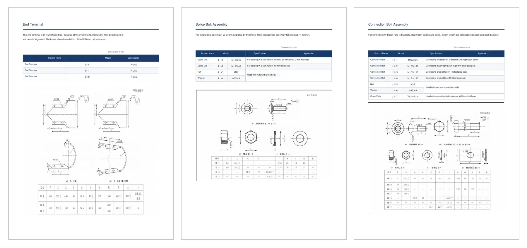 W-Beam guardrail accessory technical drawings for end terminals, bolts and brackets