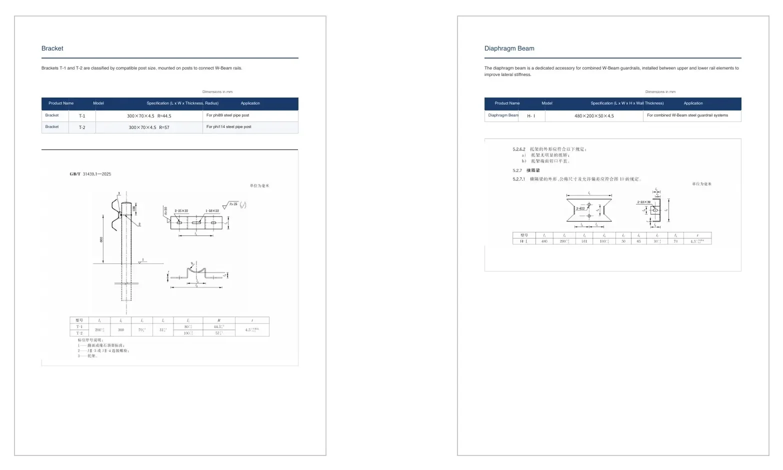 W-Beam guardrail accessory technical drawings for brackets and diaphragm beams