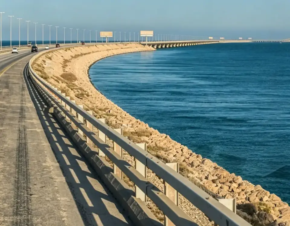 Standard W-beam guardrail installed along a waterfront bridge approach