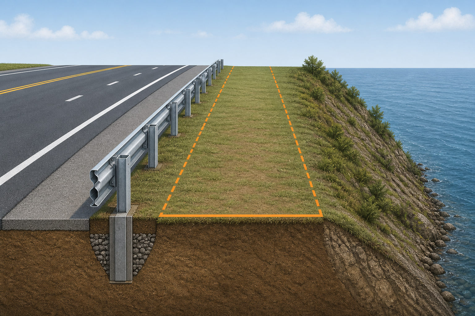 Engineering illustration of a highway guardrail, clear roadside area and steep drop to water