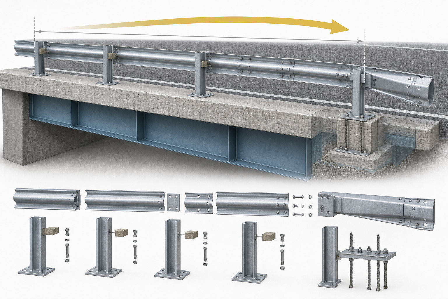 Cutaway illustration of guardrail beams, posts, spacers, bolts, bridge connections and foundation