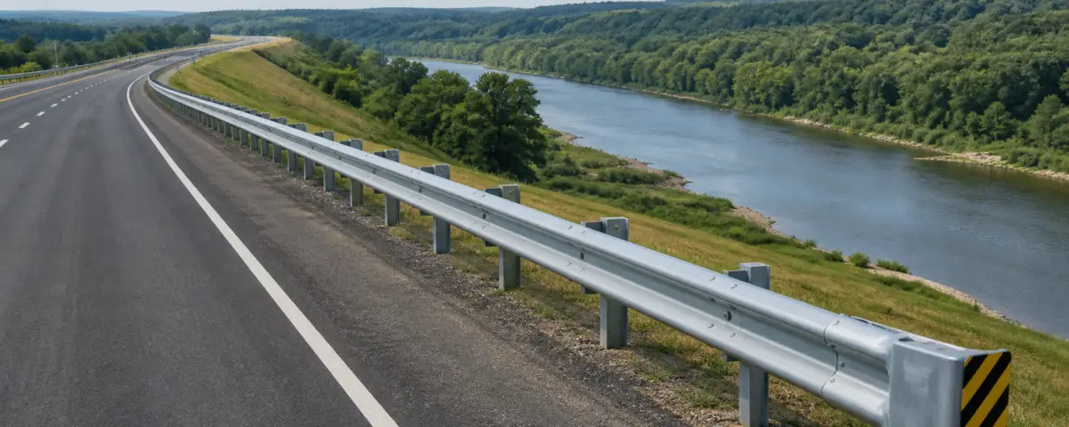 Galvanized W-beam highway guardrail protecting a road beside a river and steep embankment