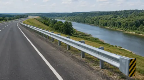Galvanized W-beam highway guardrail protecting a road beside a river and steep embankment