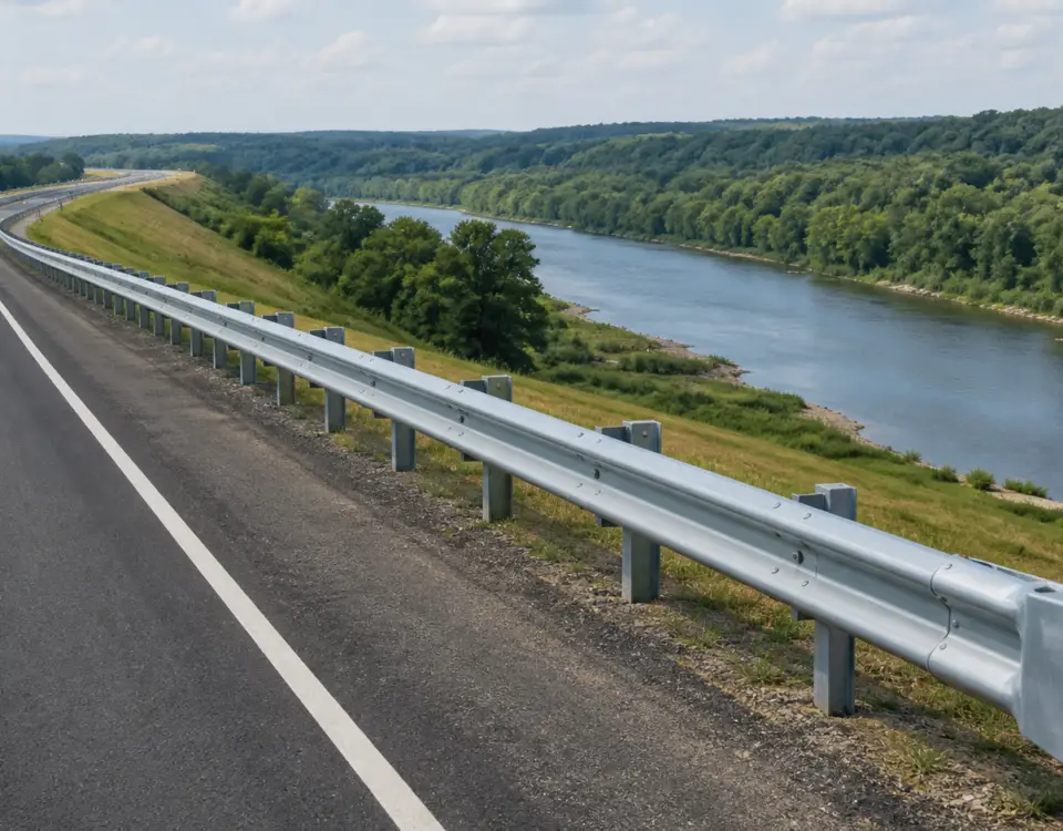 Galvanized W-beam highway guardrail protecting a road beside a river and steep embankment