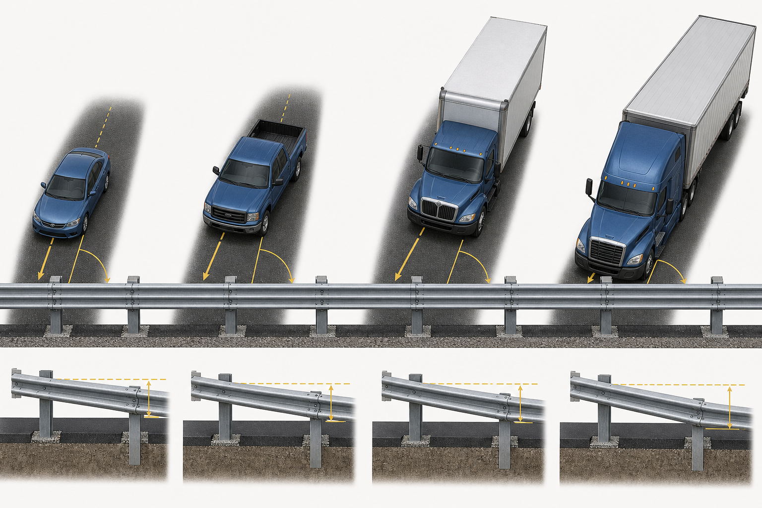 Technical illustration comparing passenger car, pickup, truck and tractor-trailer guardrail test conditions