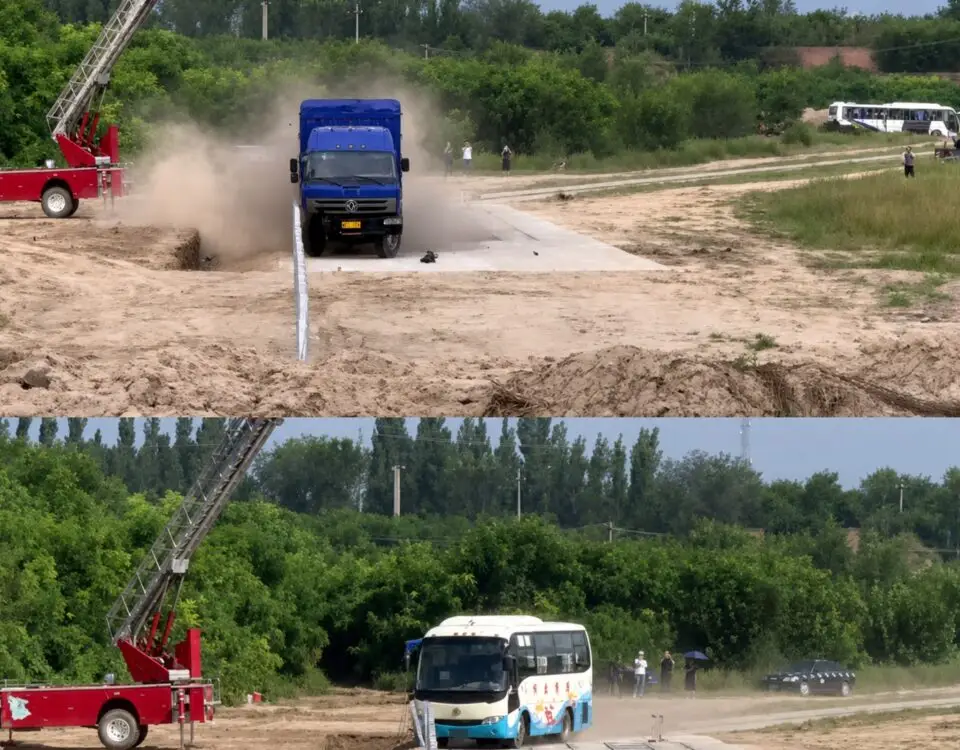 Truck and bus undergoing full-scale guardrail crash tests at a road safety test facility
