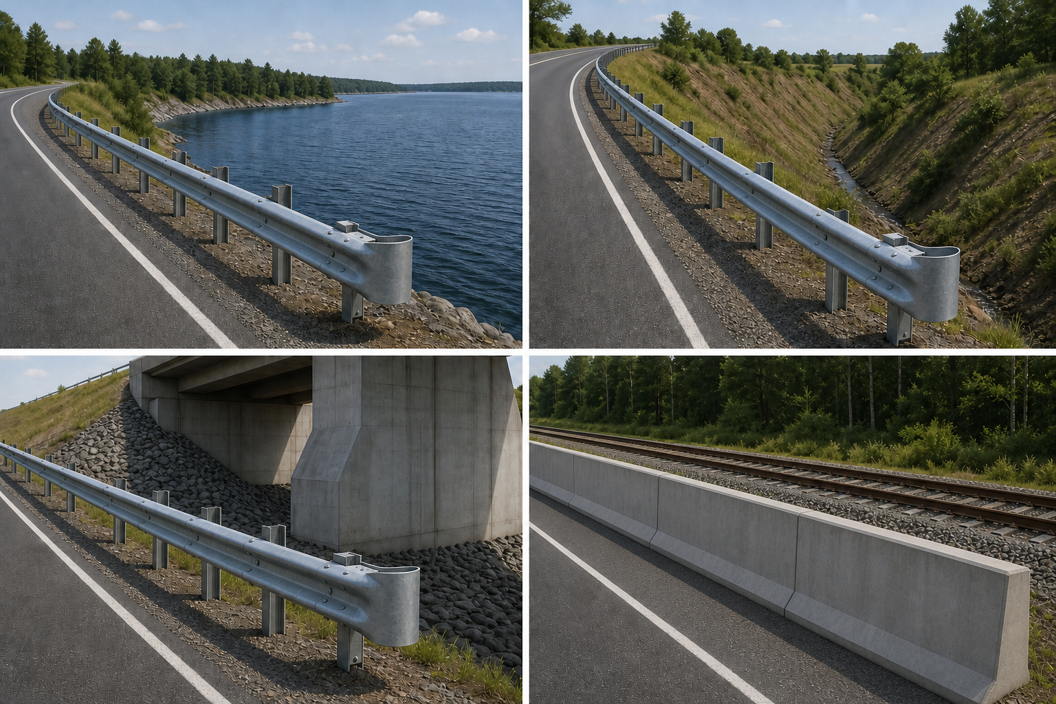 Illustration of roadside guardrails protecting against water, deep ditch, bridge pier and railway hazards