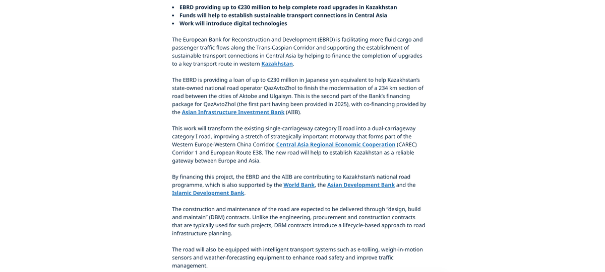 Screenshot of EBRD’s Kazakhstan road upgrade announcement describing financing and planned design, build and maintain contracts