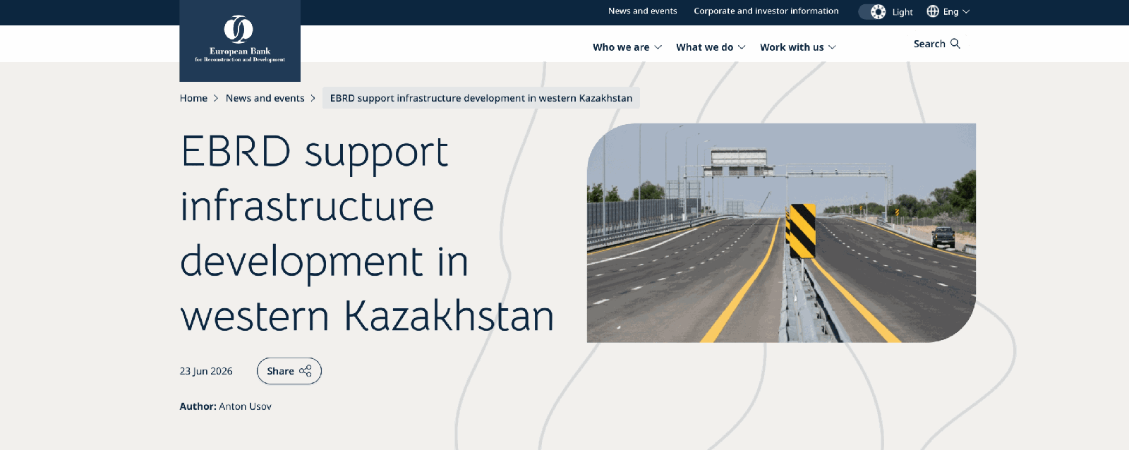 Screenshot of EBRD’s 23 June 2026 news about the Aktobe–Ulgaisyn road upgrade in Kazakhstan