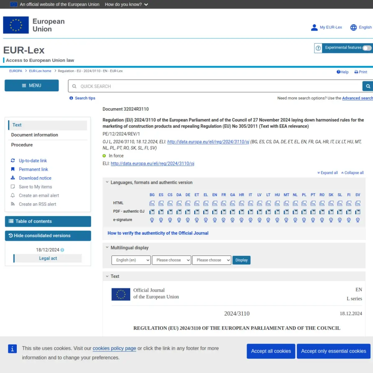 EUR-Lex official publication of Construction Products Regulation EU 2024/3110