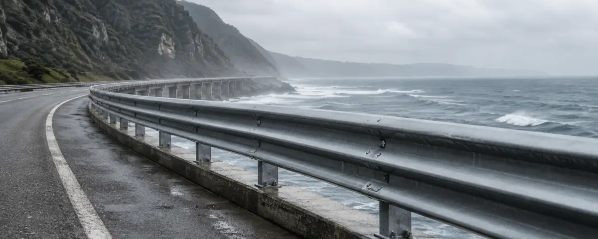 Coastal highway guardrail beside seawater