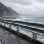 Coastal highway guardrail beside seawater