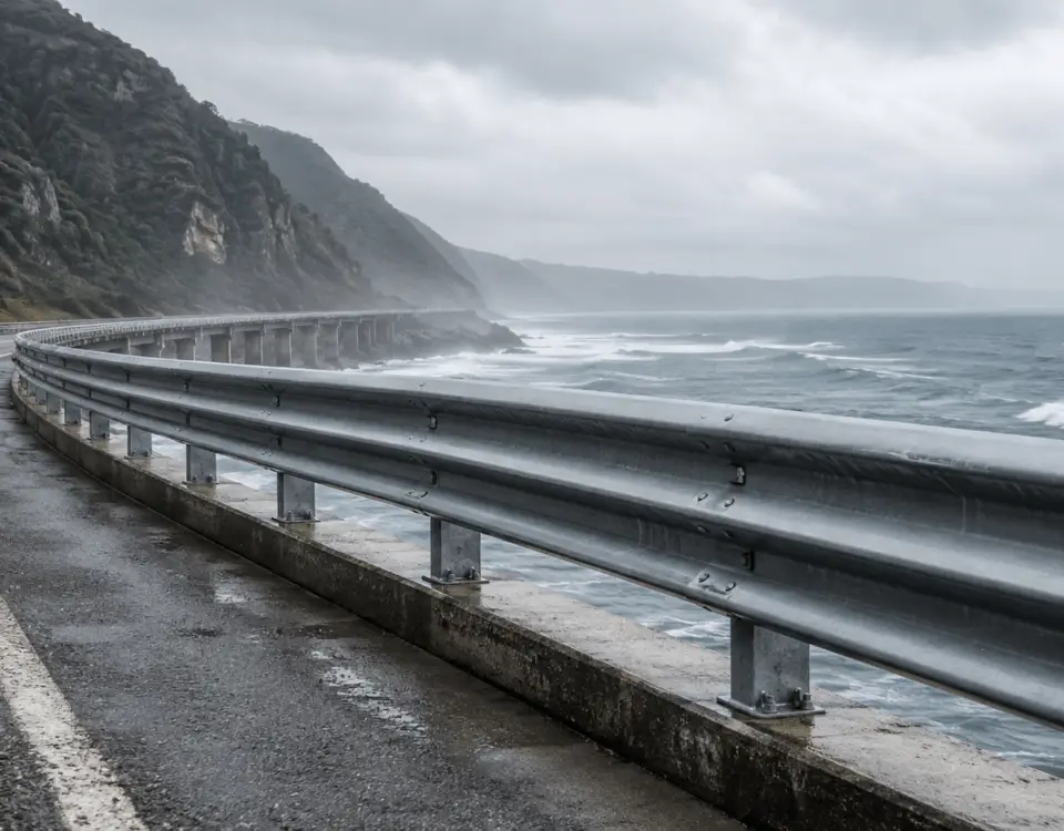 Coastal highway guardrail beside seawater