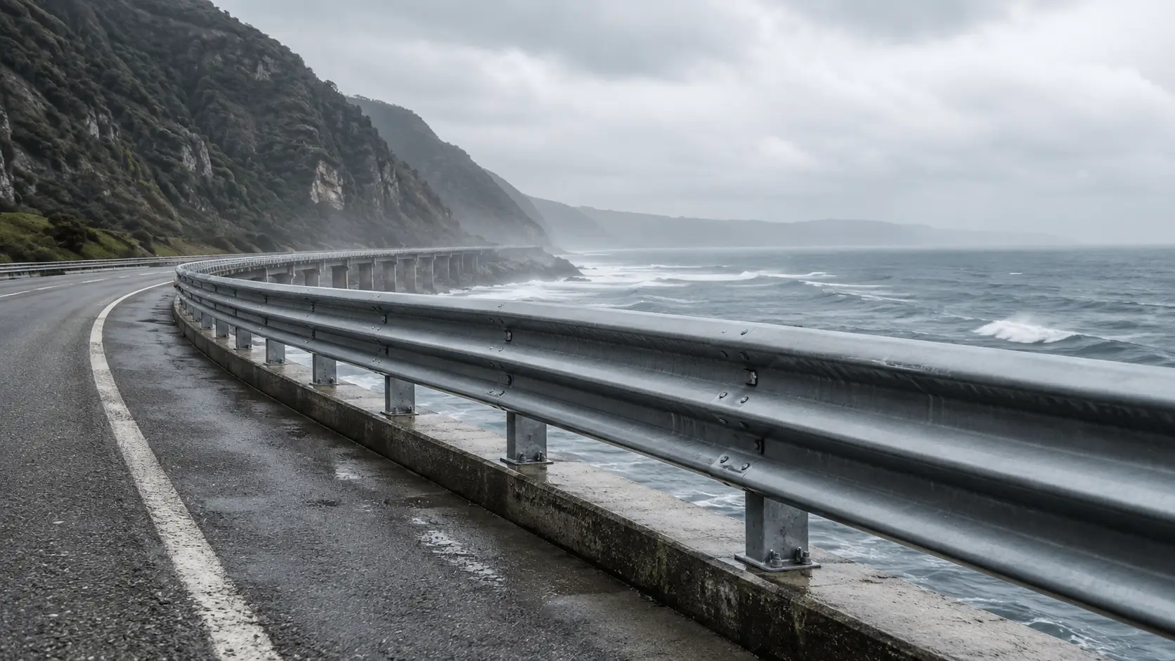 Coastal highway guardrail beside seawater