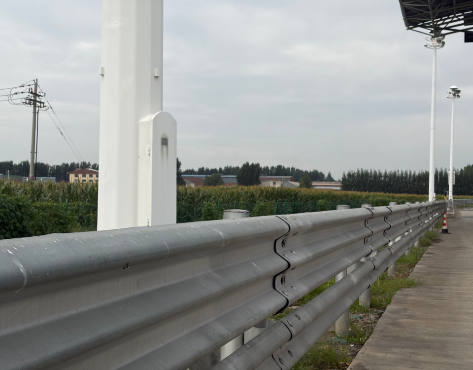 Galvanized steel guardrail installed along a roadway