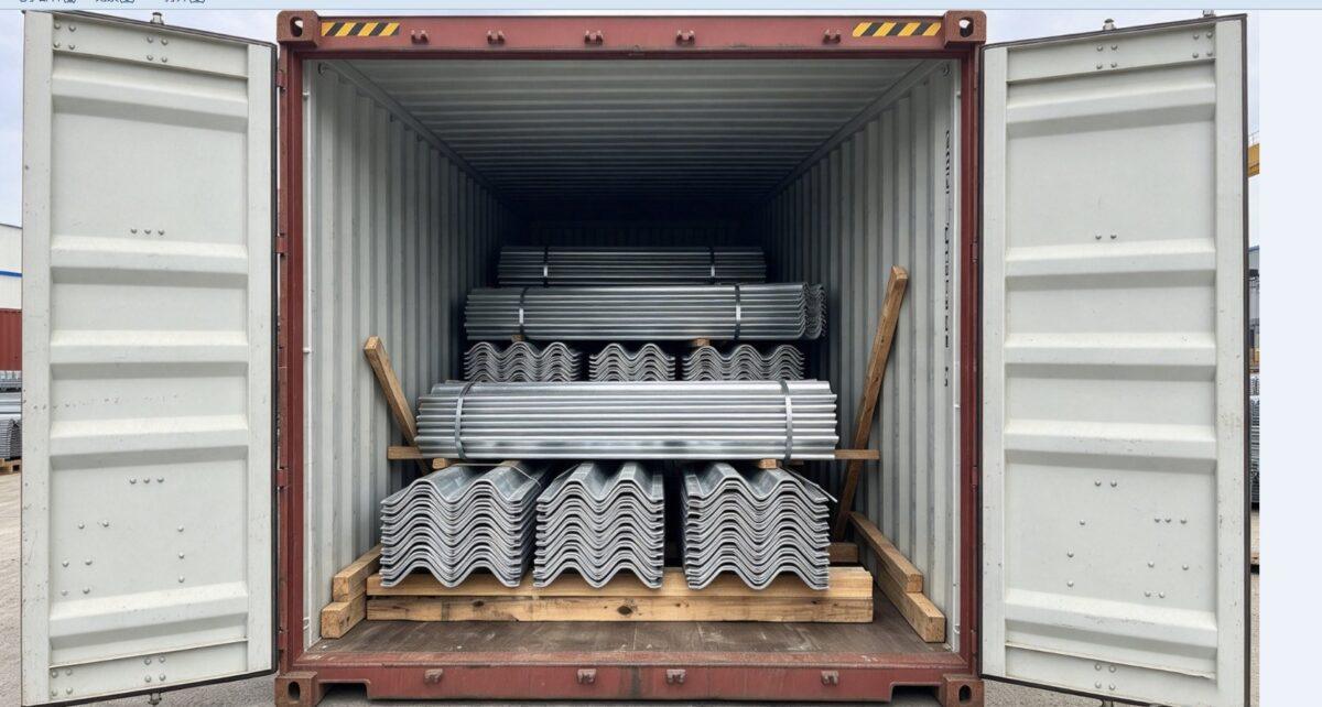 Xếp hộ lan tôn sóng W và hộ lan ba sóng vào container 40HQ, tổng trọng lượng 26 tấn