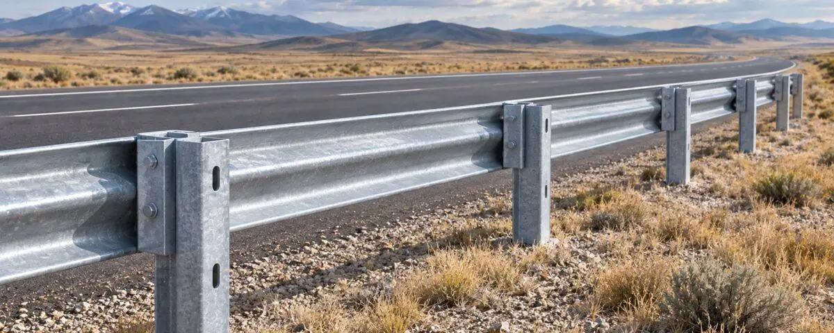 AI-generated conceptual illustration of a roadside steel guardrail in an open landscape; not a photograph of the Kazakhstan project