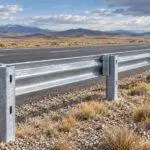 AI-generated conceptual illustration of a roadside steel guardrail in an open landscape; not a photograph of the Kazakhstan project