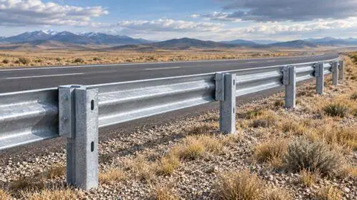 AI-generated conceptual illustration of a roadside steel guardrail in an open landscape; not a photograph of the Kazakhstan project
