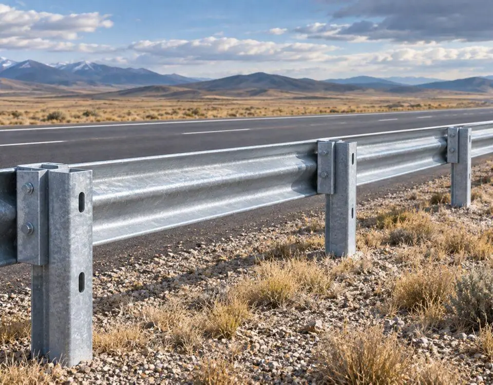 AI-generated conceptual illustration of a roadside steel guardrail in an open landscape; not a photograph of the Kazakhstan project