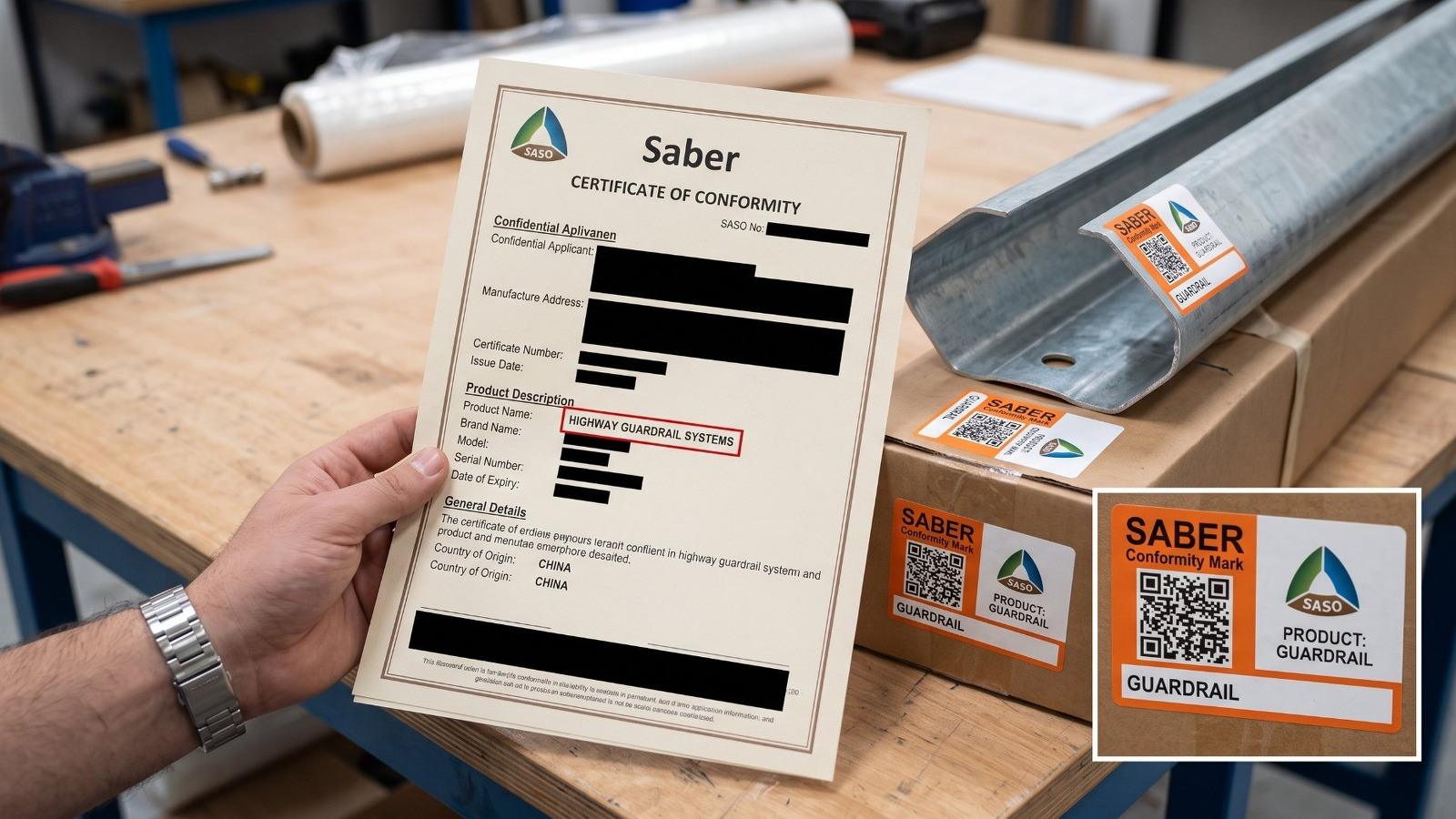 شهادة المطابقة SABER الصادرة من منصة ساسو، مع ملصقات المطابقة على عوارض الحماية المجلفنة وصناديق التصدير