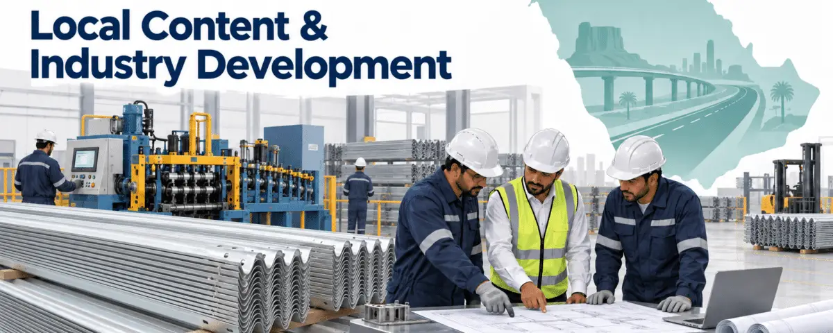 Illustration of guardrail manufacturing and engineering collaboration for Saudi road-sector development.