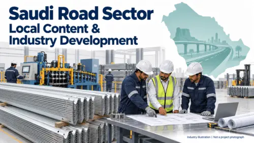 Illustration of guardrail manufacturing and engineering collaboration for Saudi road-sector development.