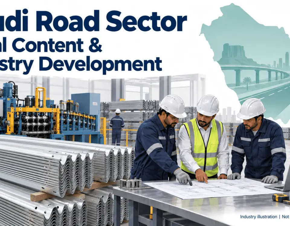 Illustration of guardrail manufacturing and engineering collaboration for Saudi road-sector development.