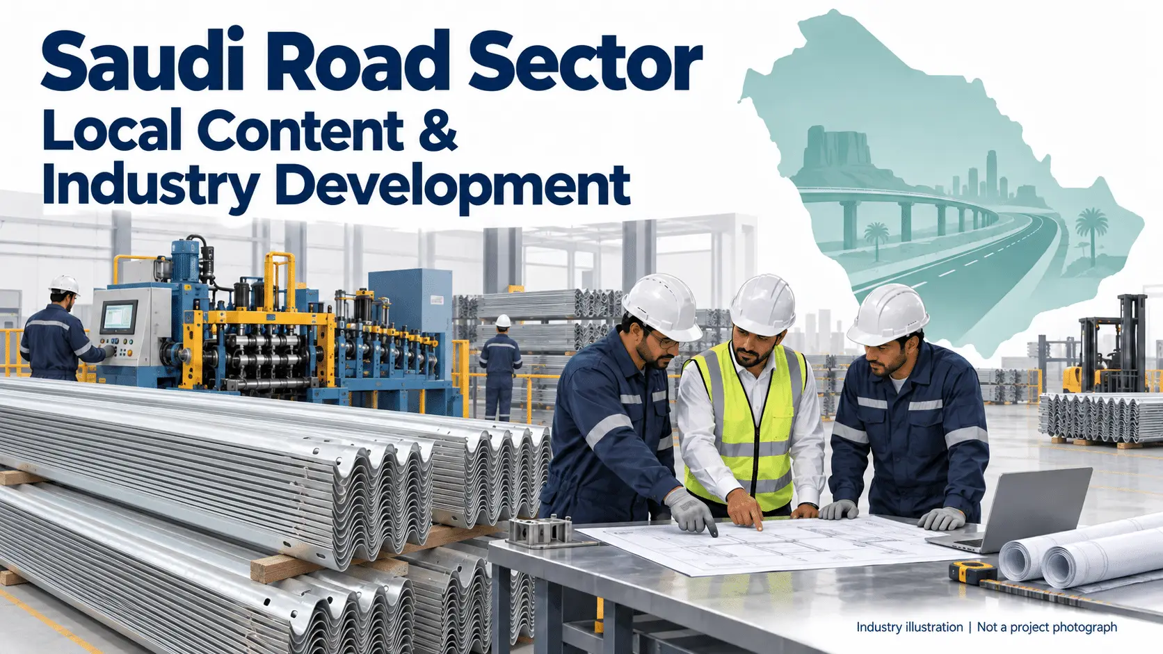 Industry illustration of guardrail manufacturing and engineering collaboration for Saudi road-sector development.