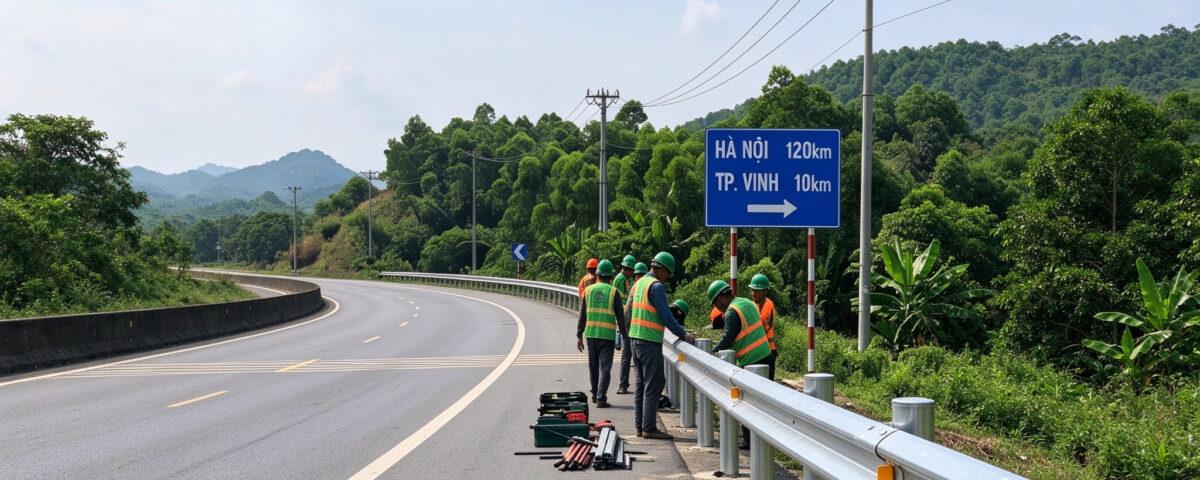 Road maintenance crew installing galvanized W-beam guardrail on a Vietnamese expressway, with Ninh Binh and Vinh destination signage