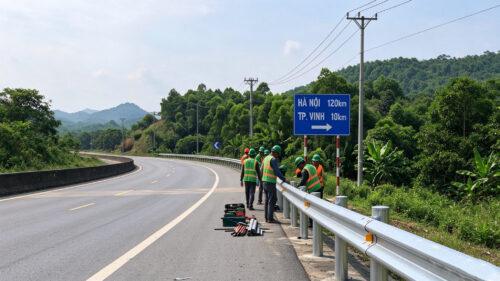 Road maintenance crew installing galvanized W-beam guardrail on a Vietnamese expressway, with Ninh Binh and Vinh destination signage
