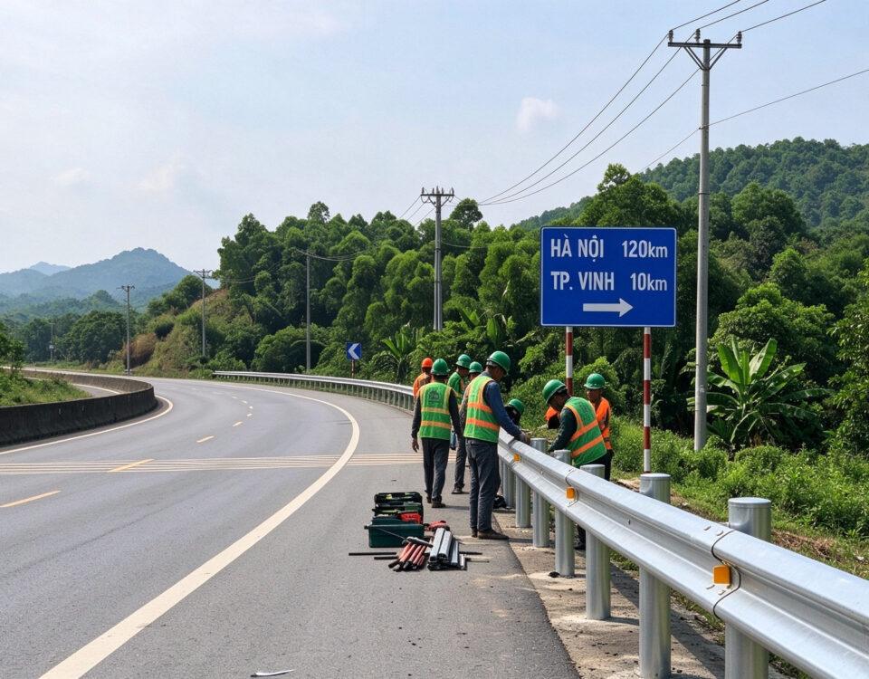 Road maintenance crew installing galvanized W-beam guardrail on a Vietnamese expressway, with Ninh Binh and Vinh destination signage