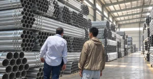 Argentinian customer inspecting galvanized steel tubes for guardrail posts with the China Guardrail team