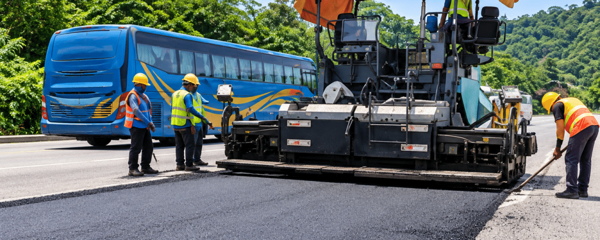 Road resurfacing works with an asphalt paver and road crew