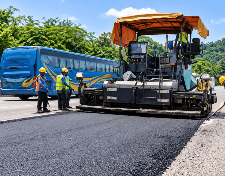 Road resurfacing works with an asphalt paver and road crew