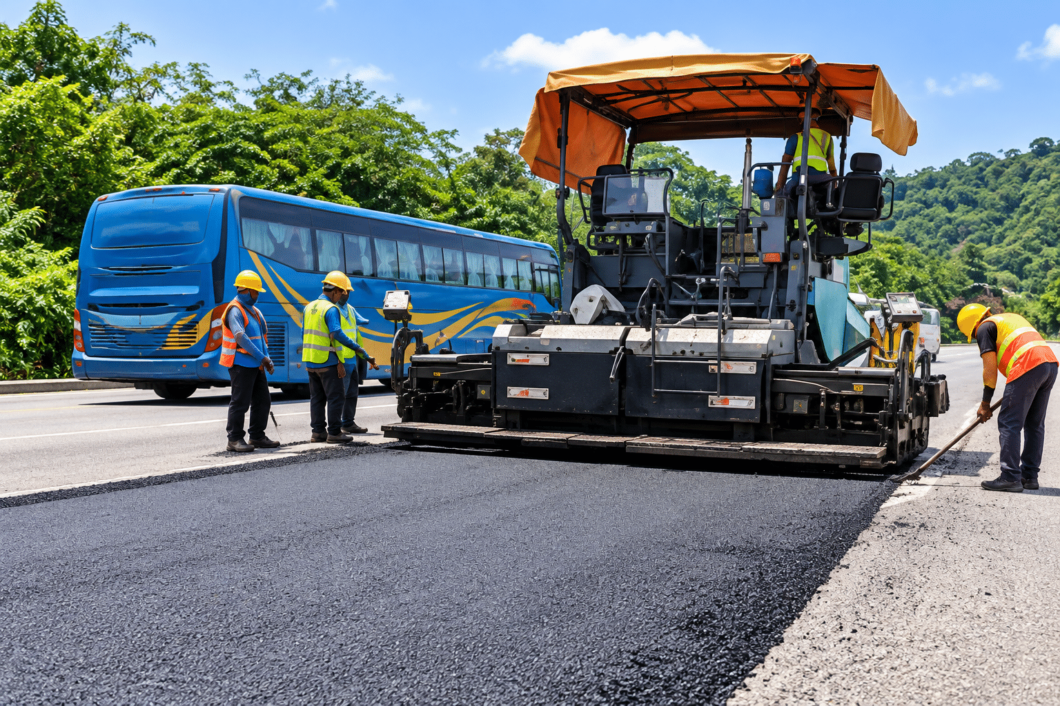 Road resurfacing works with an asphalt paver and road crew
