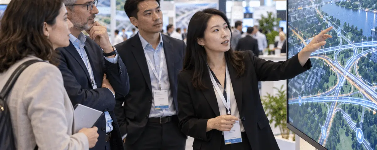 Road infrastructure professionals reviewing a digital highway network at an industry exhibition