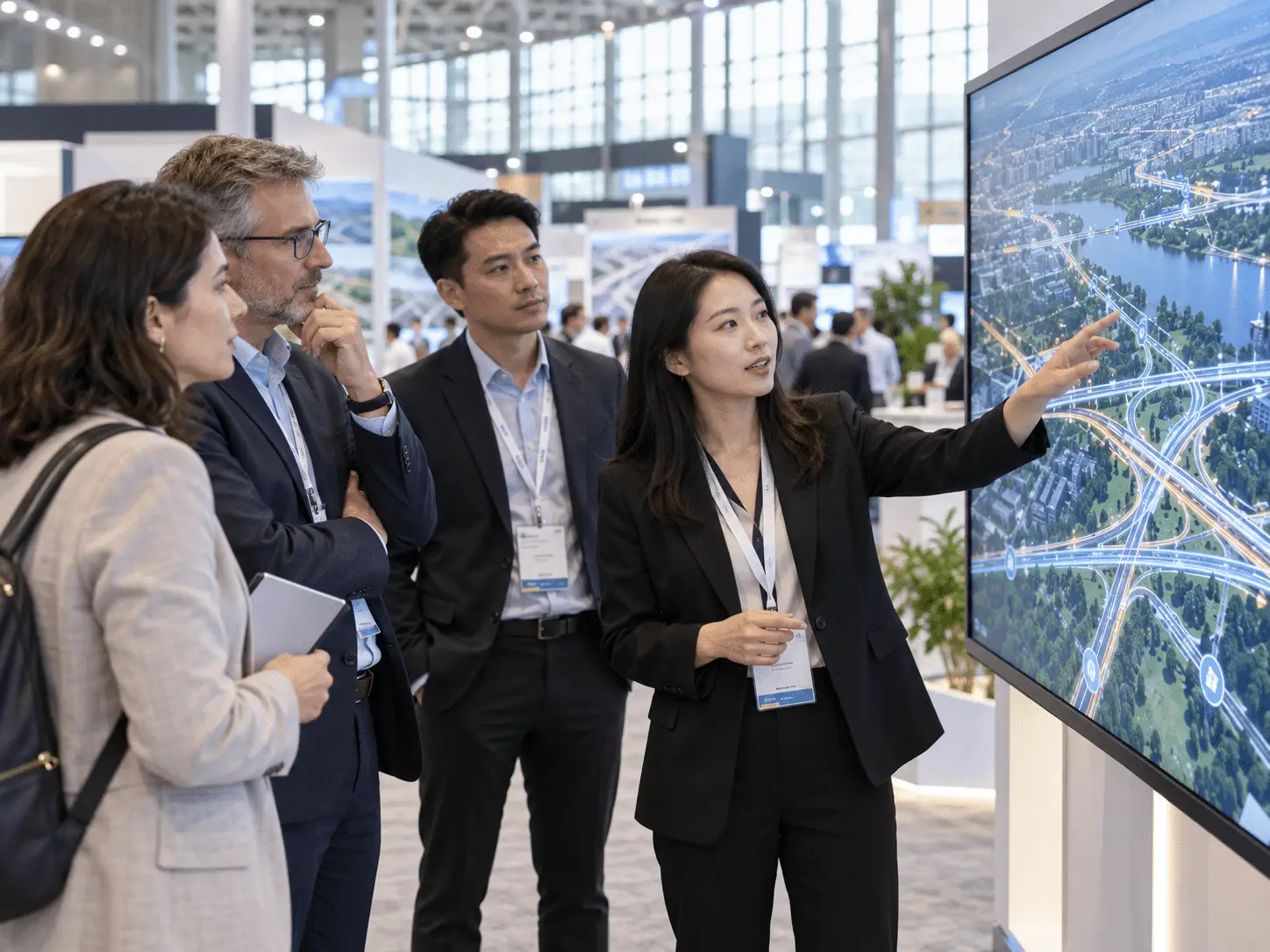 Road infrastructure professionals reviewing a digital highway network at an industry exhibition